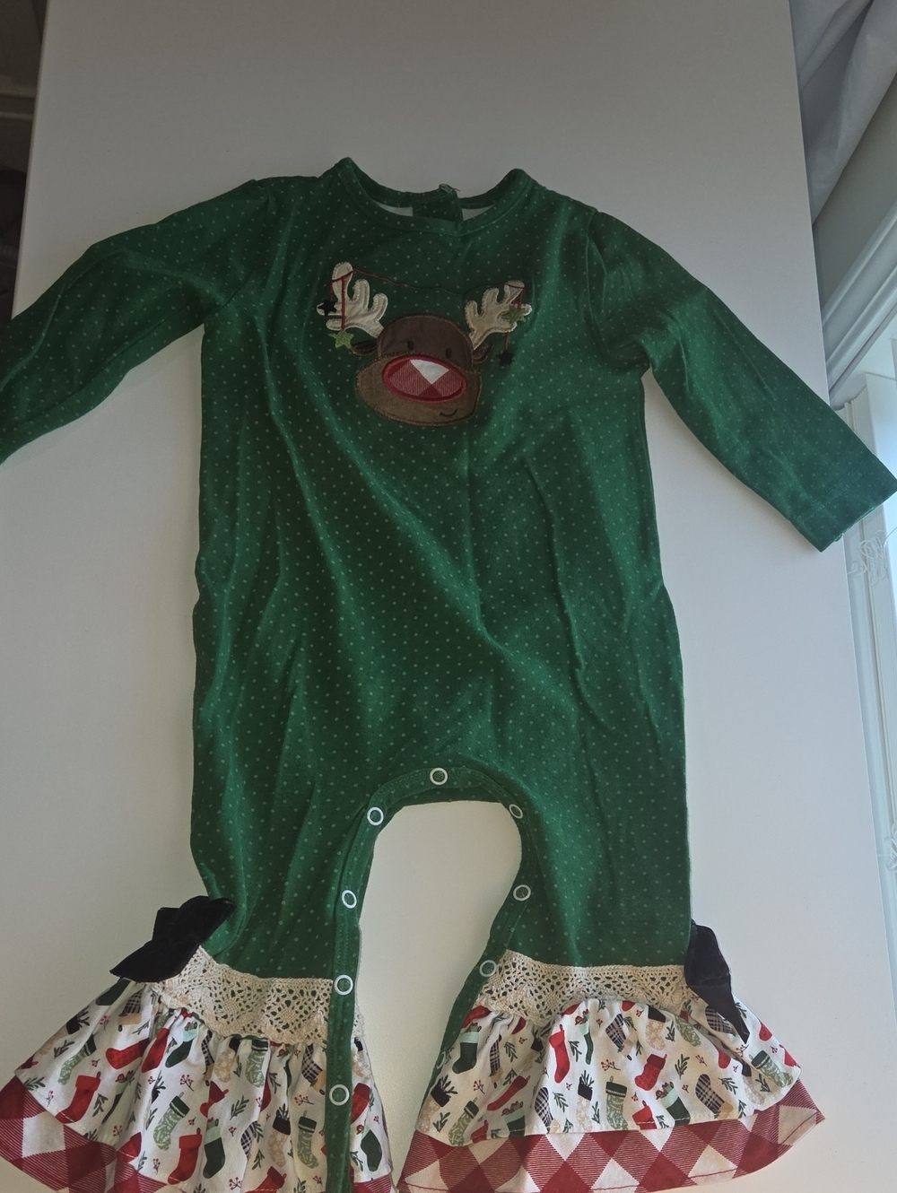 Ricrac & Ruffles Reindeer Christmad Outfit With Bell Bottom Ruffle Legs